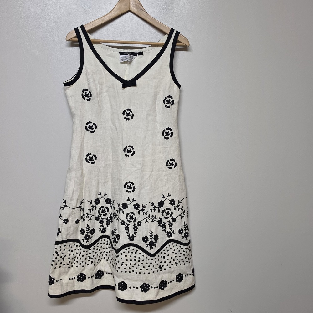 Weekend Max Mara Linen Silk Dress 10‎ Black White Embroidered Floral Sleeveless